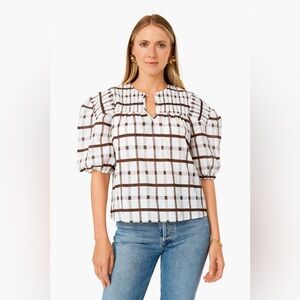 MOON RIVER Brown Grid Print Puff Sleeve Woven Top